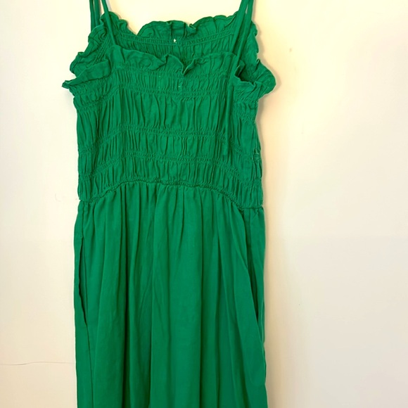 Linen Blent Tie Straps Green Dress Size XS with Stretch, Pockets Button Front - Picture 4 of 6